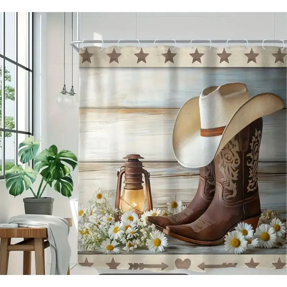 Cowboy Boots shower curtain & Bath Mat Set with Hooks - 4 Piece Collection weste